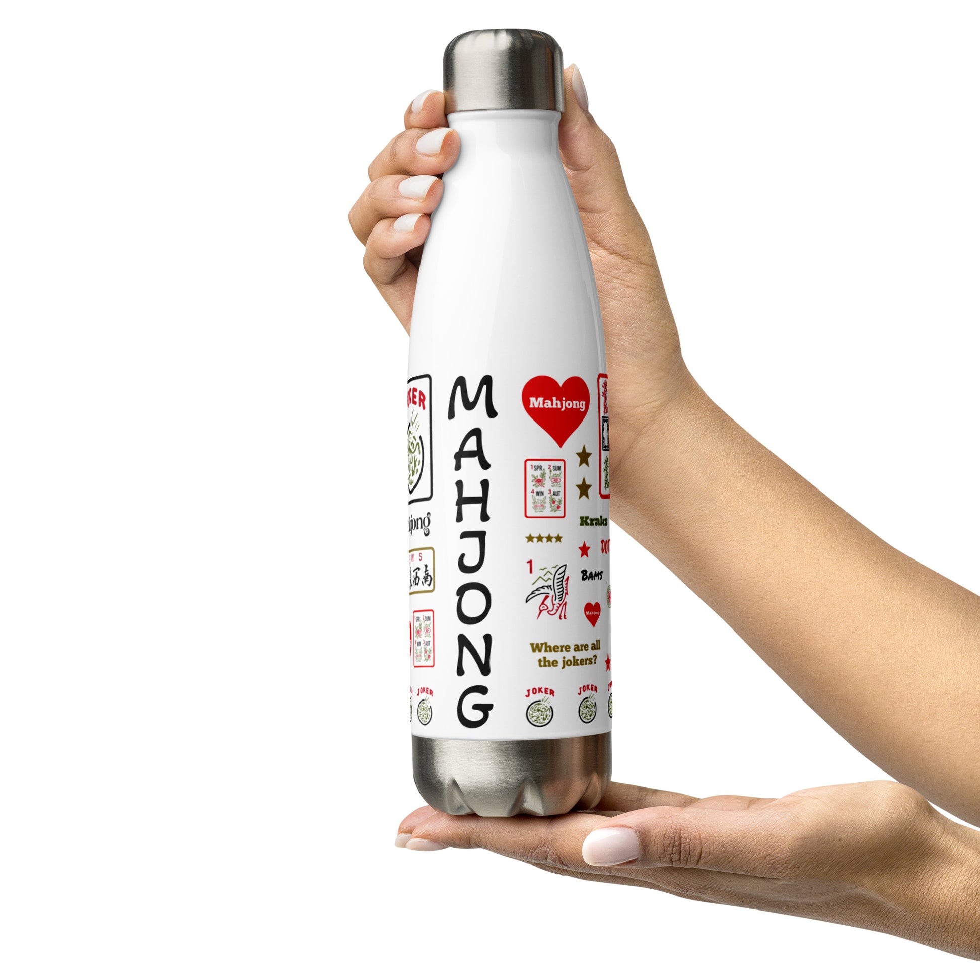 Mahjong themes insulated water bottle being held with two hands