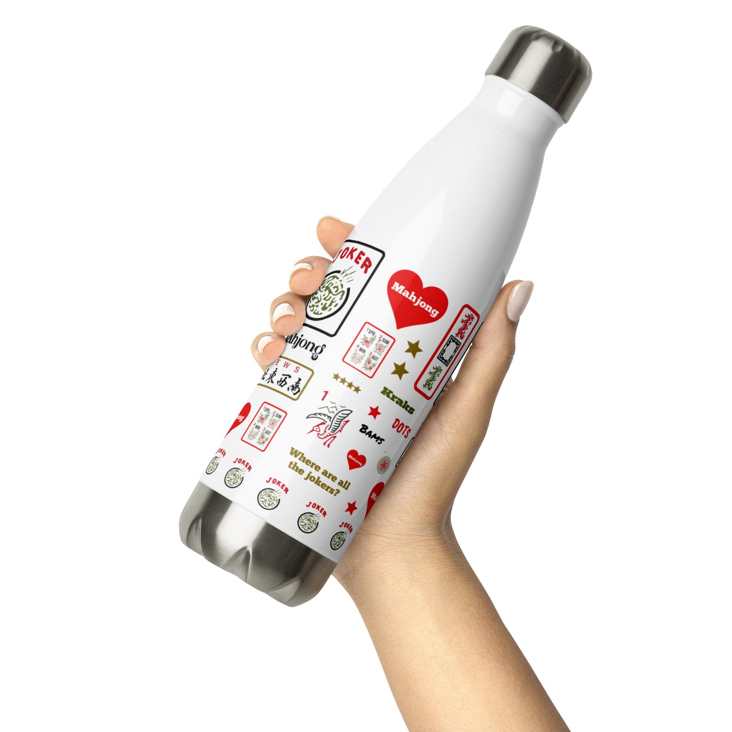 Mahjong themes insulated water bottle being held with one hands