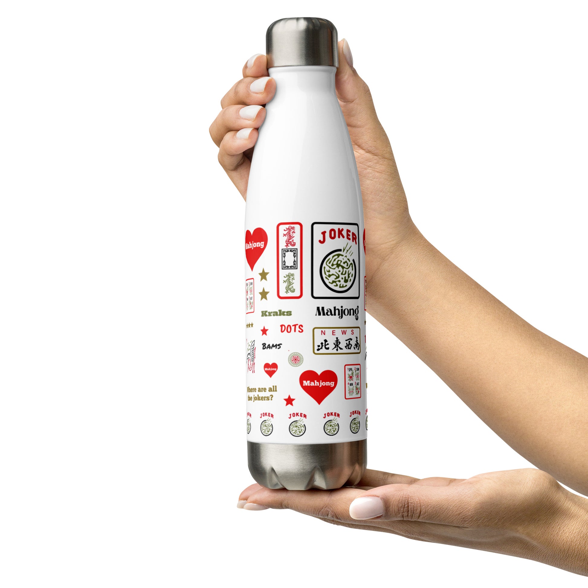 Mahjong themes insulated water bottle being held with two hands